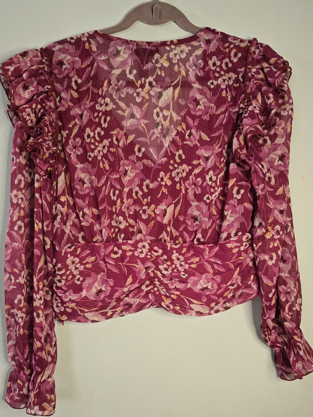 Aqua Raspberry Floral V-Neck Ruffle Blouse - Picture 10 of 14